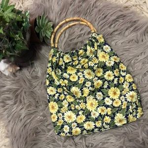 Vintage Handmade Cloth Hand Carry Bag-Bamboo-Slouchy-10x10-SunFlower Print-